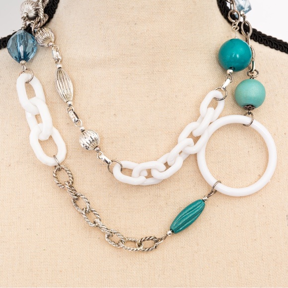 Longer length boho chic necklace various link styles & beads blue, white, silver - Picture 9 of 9